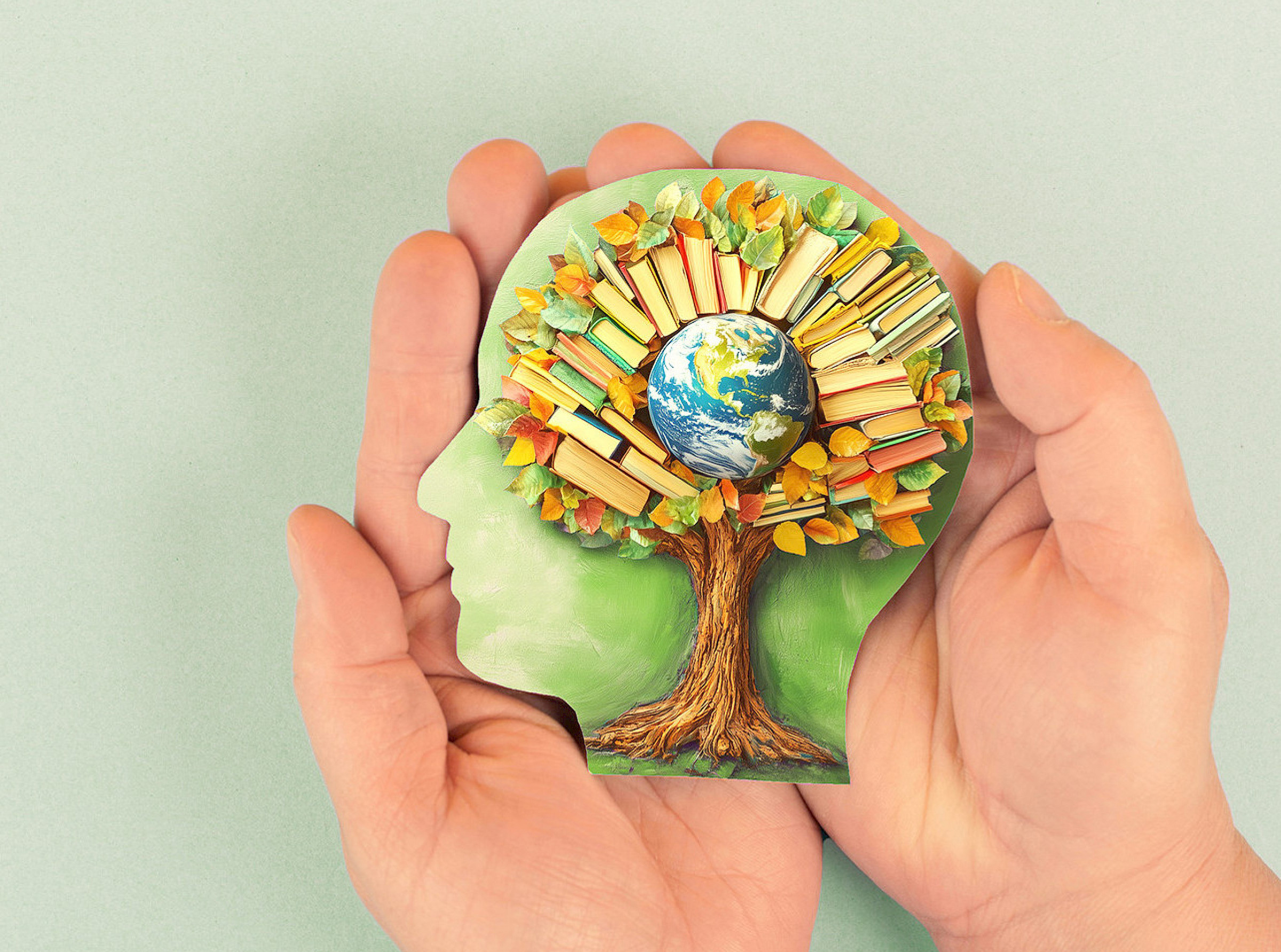 Hände halten einen Kopf bestehend aus einem Baum, der in seiner Krone die Weltkugel und viele Bücher hat